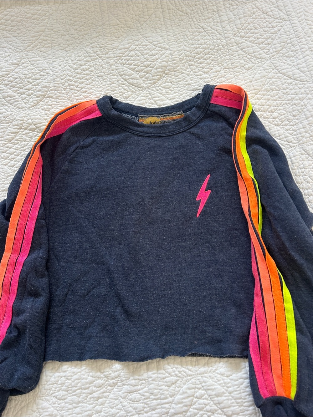 Aviator Nation Navy Sweatshirt with Pink Lightning and Neon Stripe Sleeves